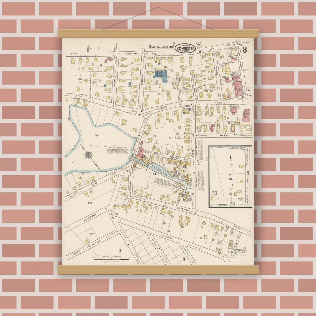 Old map wall art mockup — magnetic wood frame on brick wall — Sanborn Fire Insurance Map from Leominster, Worcester County, Massachusetts (1922), Sheet #0008