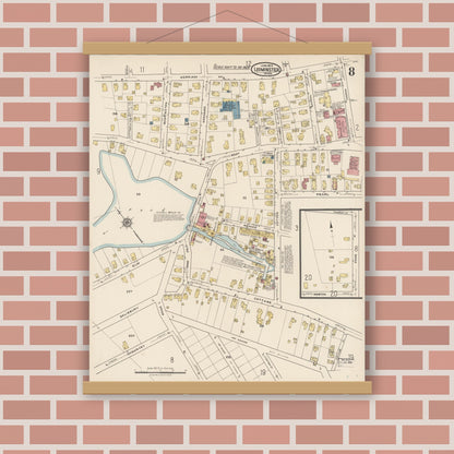 Old map wall art mockup — magnetic wood frame on brick wall — Sanborn Fire Insurance Map from Leominster, Worcester County, Massachusetts (1922), Sheet #0008