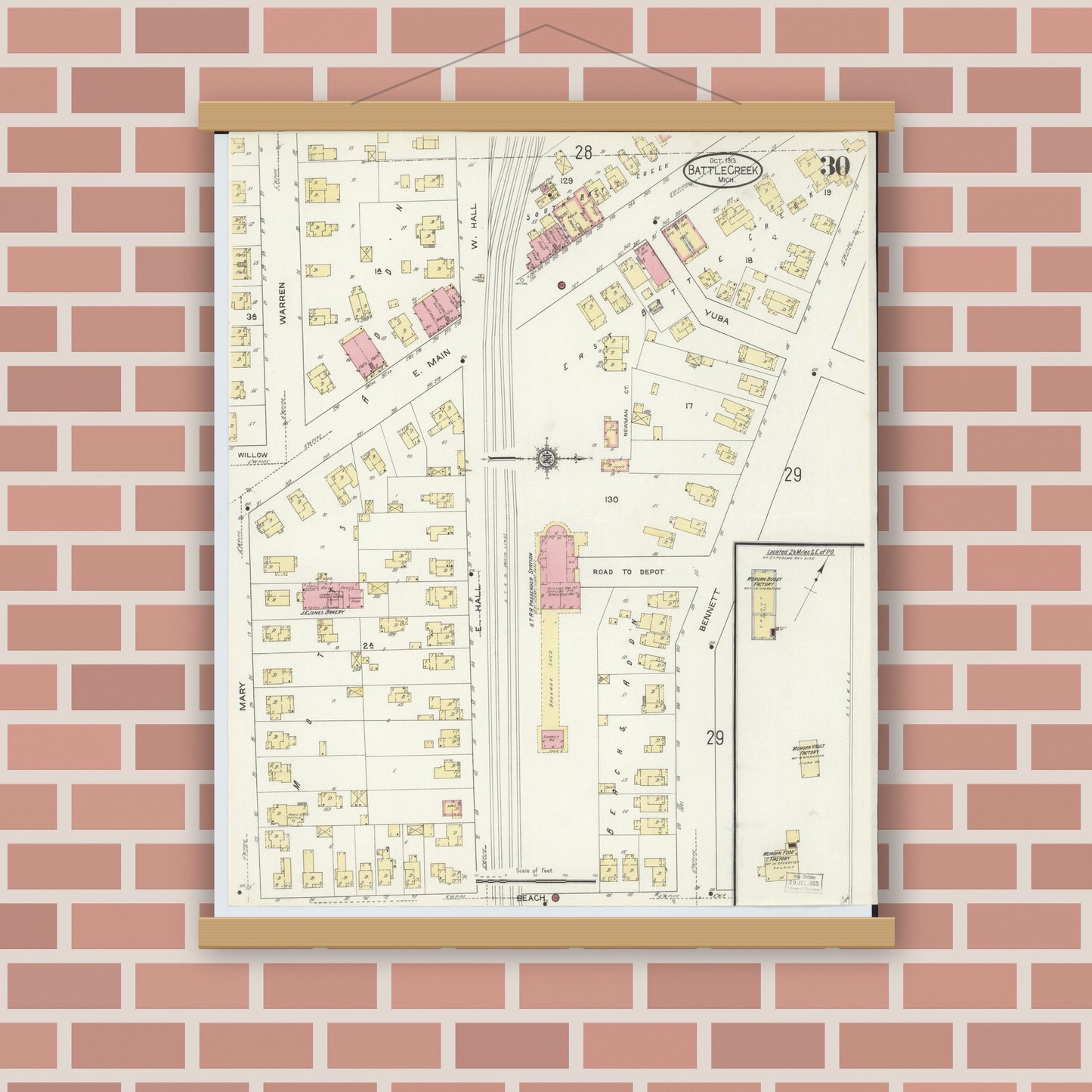 Old map wall art mockup — magnetic wood frame on brick wall — Sanborn Fire Insurance Map from Battle Creek, Calhoun County, Michigan (1913), Sheet #0030