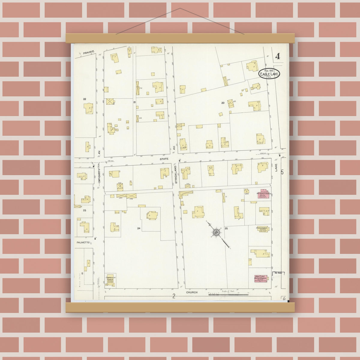 Old map wall art mockup — magnetic wood frame on brick wall — Sanborn Fire Insurance Map from Eagle Lake, Colorado County, Texas (1912), Sheet #0004