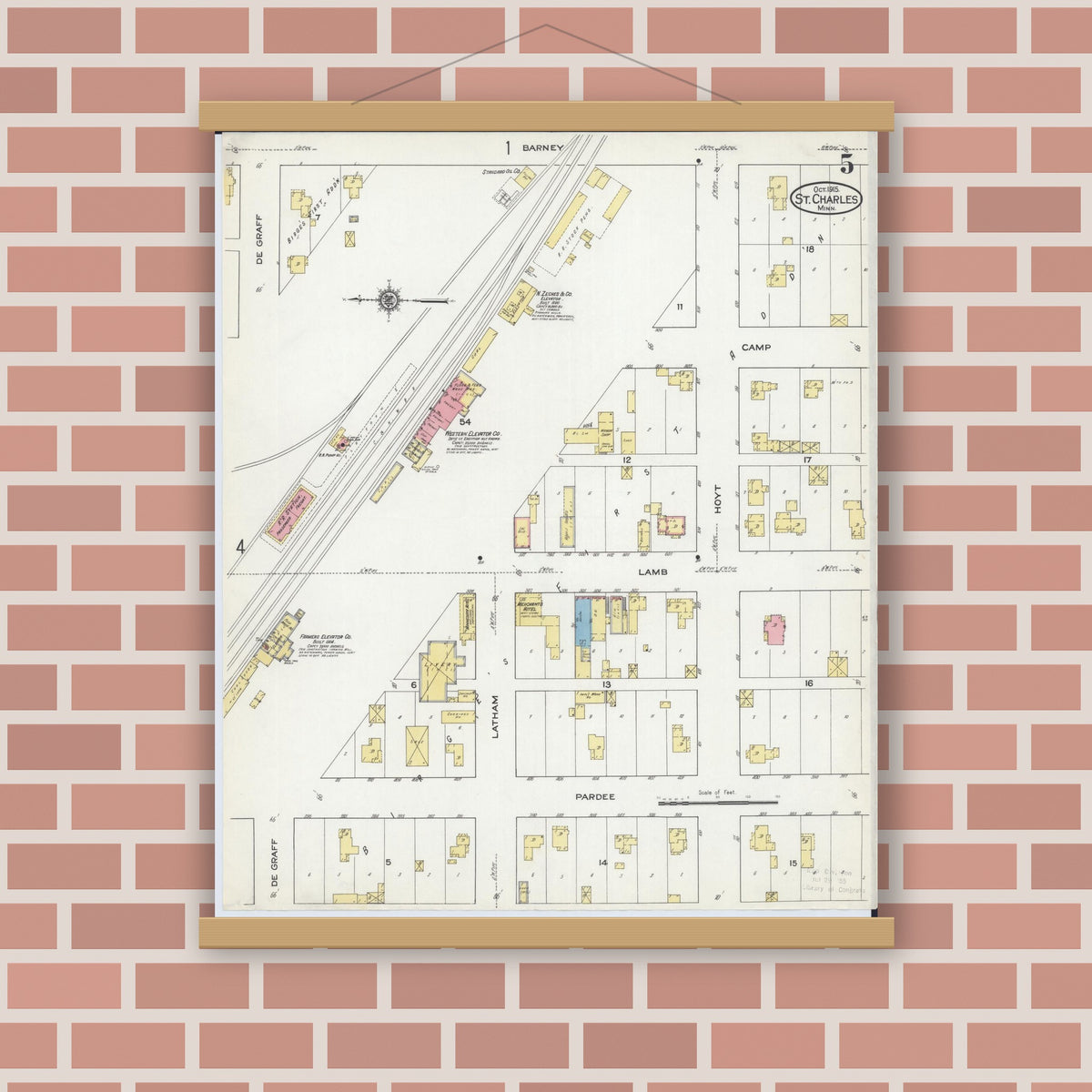 Old map wall art mockup — magnetic wood frame on brick wall — Sanborn Fire Insurance Map from Saint Charles, Winona County, Minnesota (1915), Sheet #0005