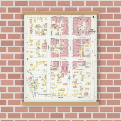 Old map wall art mockup — magnetic wood frame on brick wall — Sanborn Fire Insurance Map from Ann Arbor, Washtenaw County, Michigan (1899), Sheet #0004