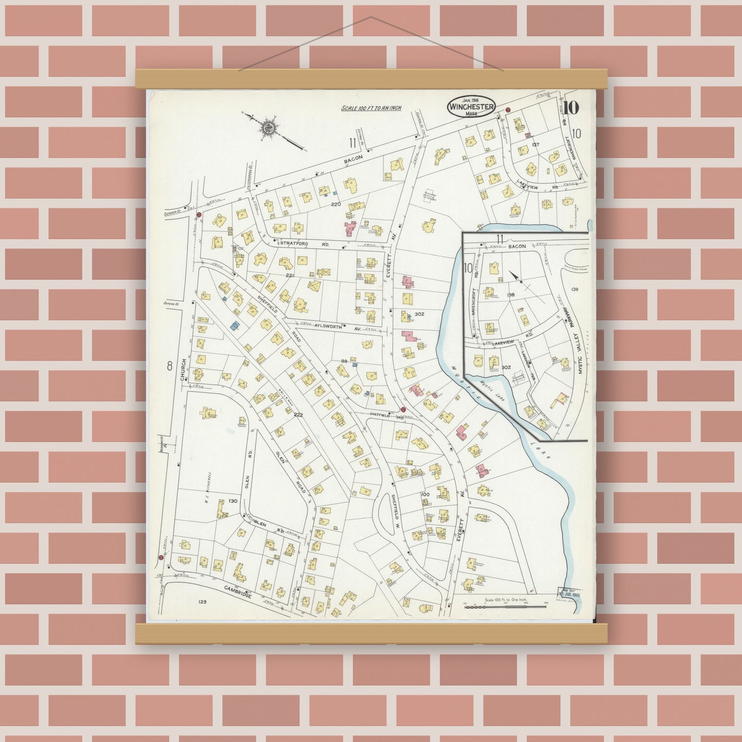 Old map wall art mockup — magnetic wood frame on brick wall — Sanborn Fire Insurance Map from Winchester, Middlesex County, Massachusetts (1916), Sheet #0010