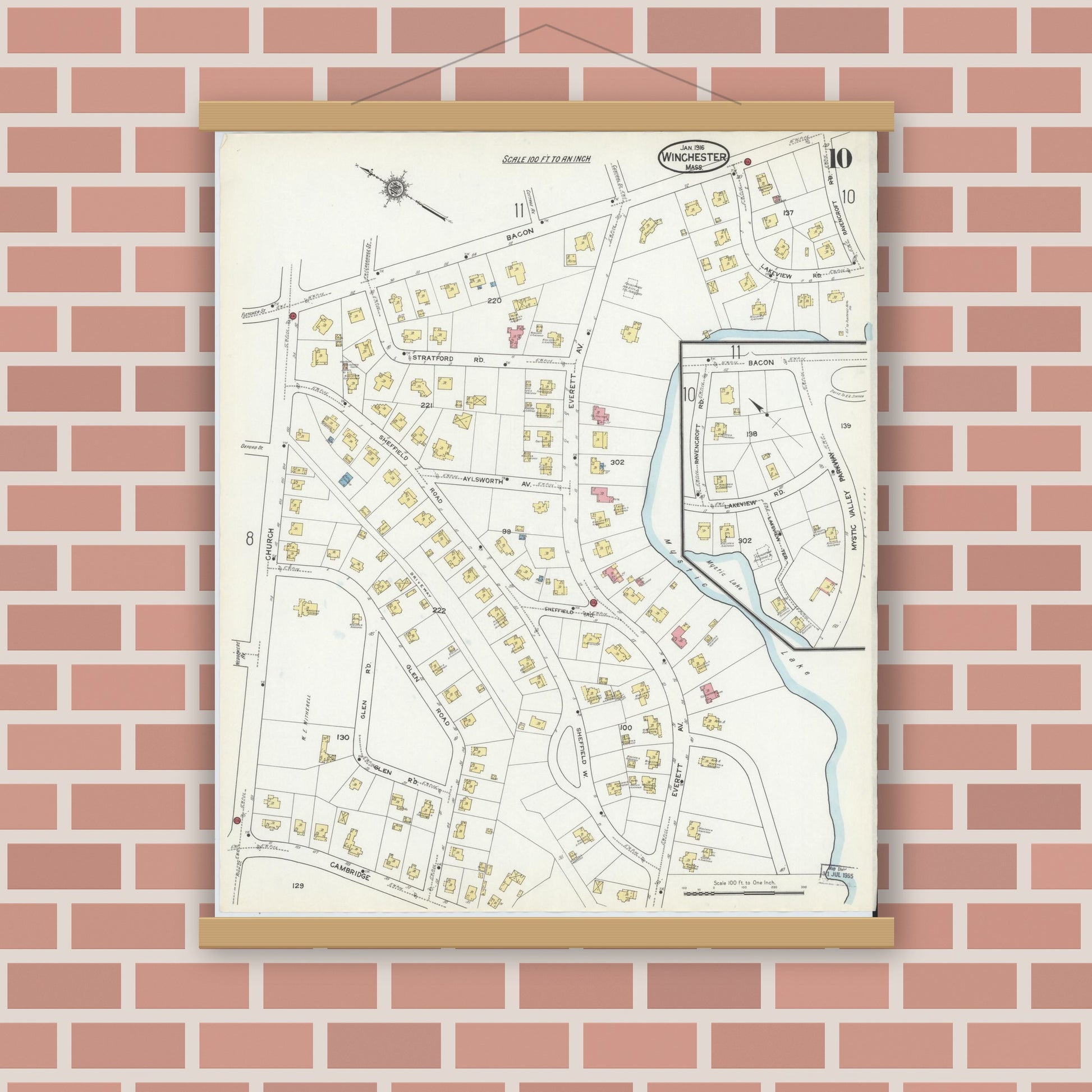 Old map wall art mockup — magnetic wood frame on brick wall — Sanborn Fire Insurance Map from Winchester, Middlesex County, Massachusetts (1916), Sheet #0010