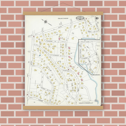 Old map wall art mockup — magnetic wood frame on brick wall — Sanborn Fire Insurance Map from Winchester, Middlesex County, Massachusetts (1916), Sheet #0010