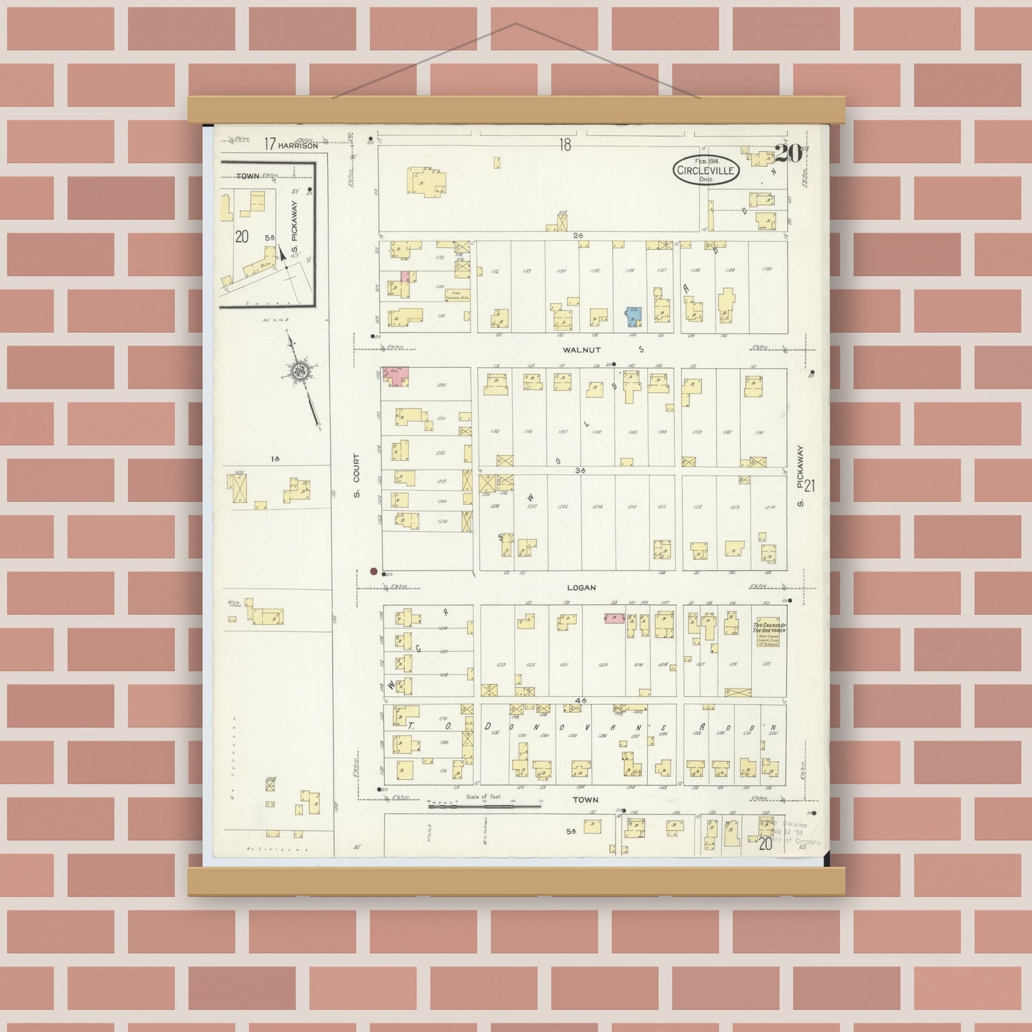 Old map wall art mockup — magnetic wood frame on brick wall — Sanborn Fire Insurance Map from Circleville, Pickaway County, Ohio (1914), Sheet #0020