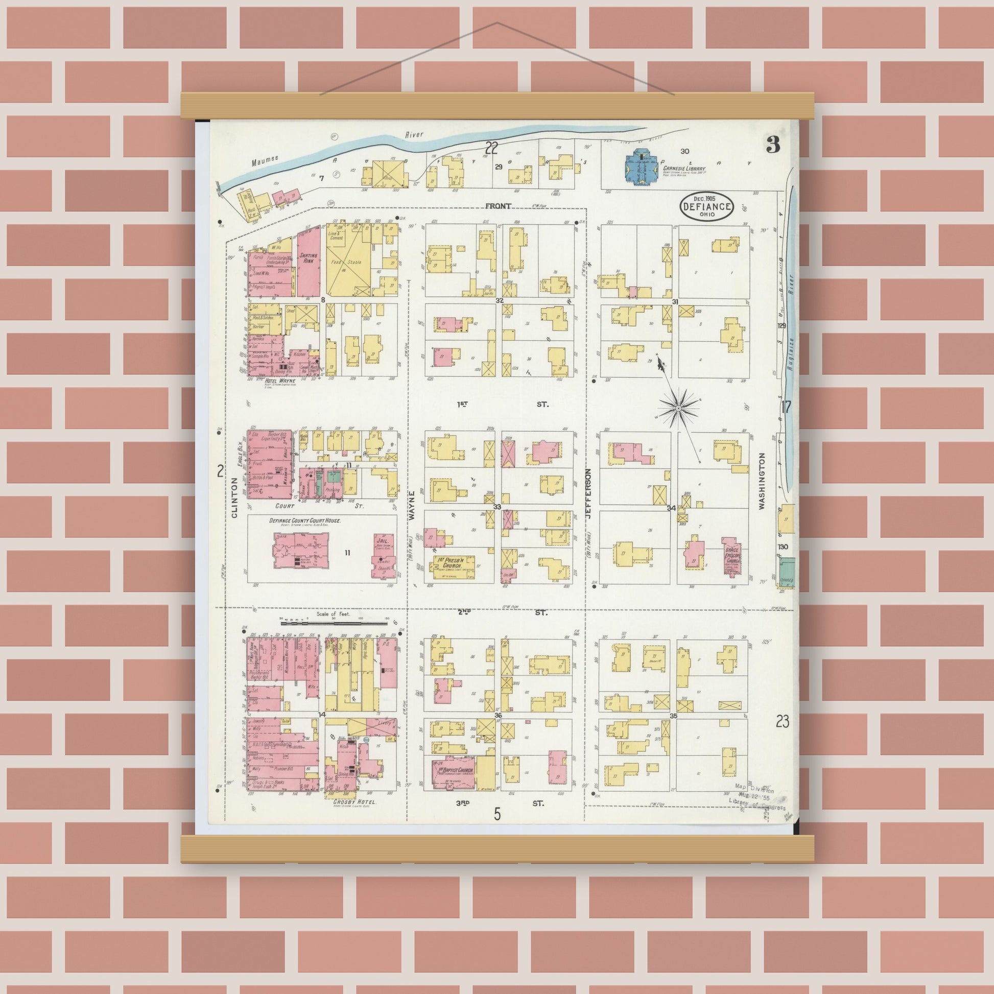 Old map wall art mockup — magnetic wood frame on brick wall — Sanborn Fire Insurance Map from Defiance, Defiance County, Ohio (1905), Sheet #0003