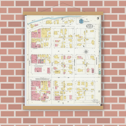 Old map wall art mockup — magnetic wood frame on brick wall — Sanborn Fire Insurance Map from Defiance, Defiance County, Ohio (1905), Sheet #0003