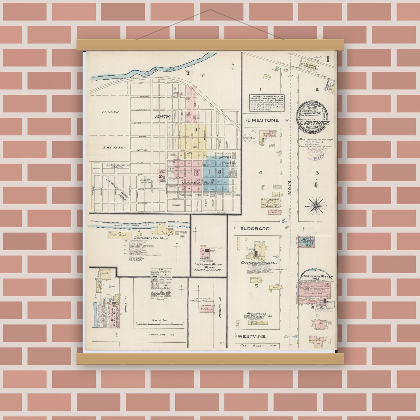 Old map wall art mockup — magnetic wood frame on brick wall — Sanborn Fire Insurance Map from Carthage, Jasper County, Missouri (1884) - Complete Map Set