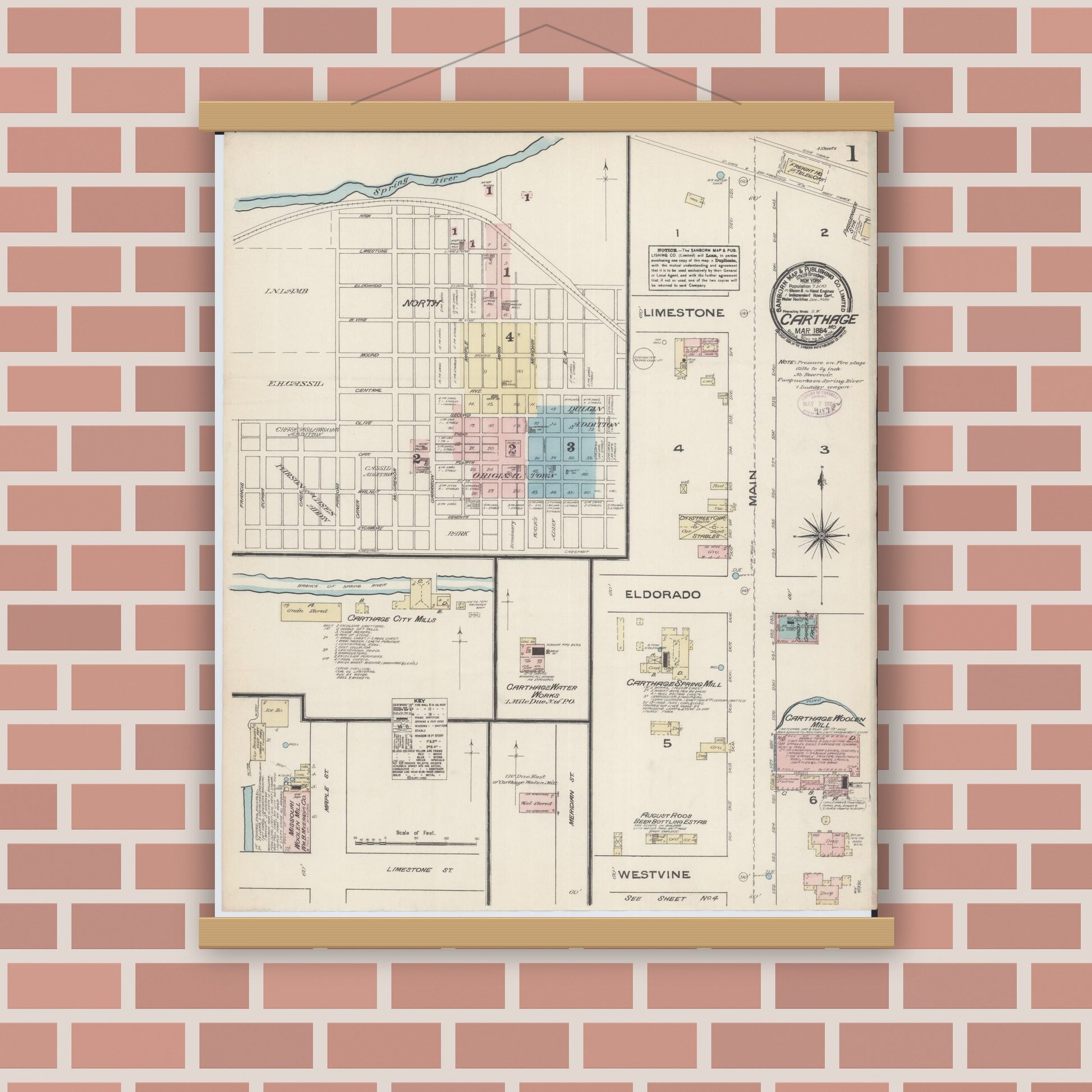 Old map wall art mockup — magnetic wood frame on brick wall — Sanborn Fire Insurance Map from Carthage, Jasper County, Missouri (1884) - Complete Map Set