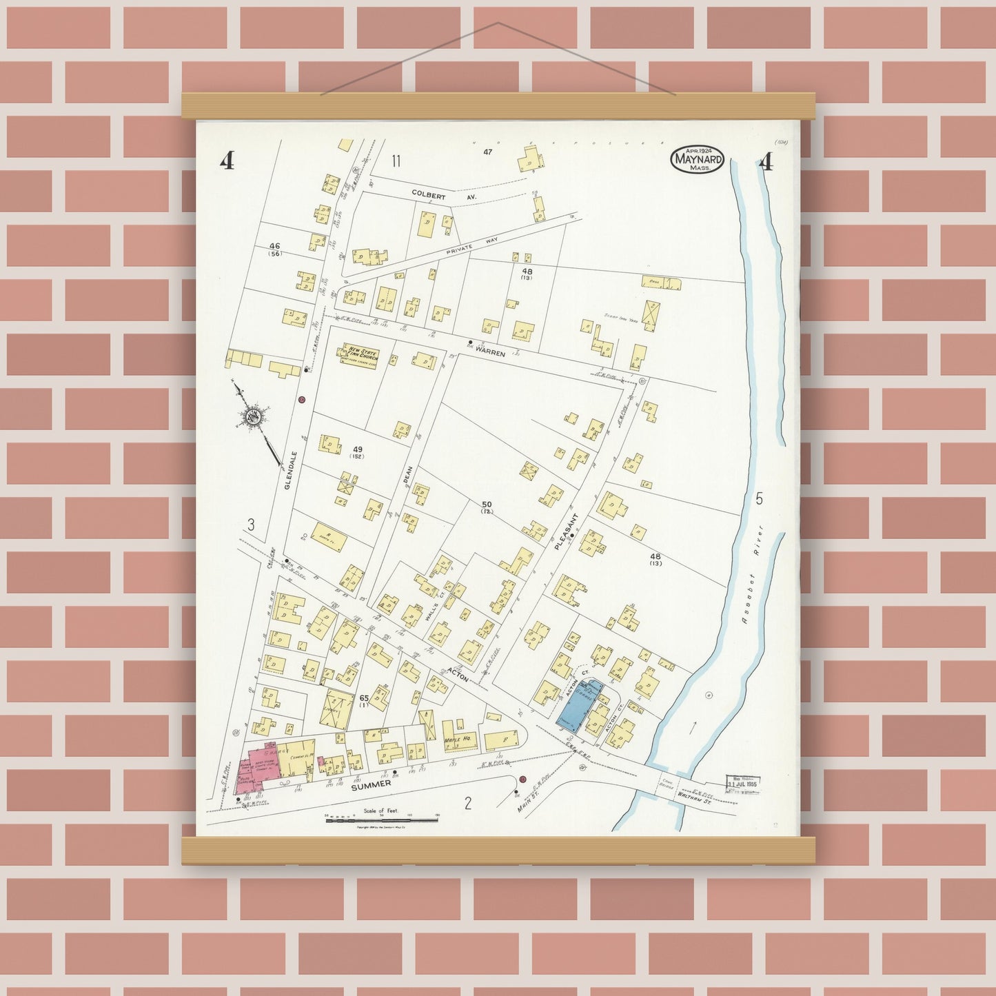 Old map wall art mockup — magnetic wood frame on brick wall — Sanborn Fire Insurance Map from Maynard, Middlesex County, Massachusetts (1924), Sheet #0004