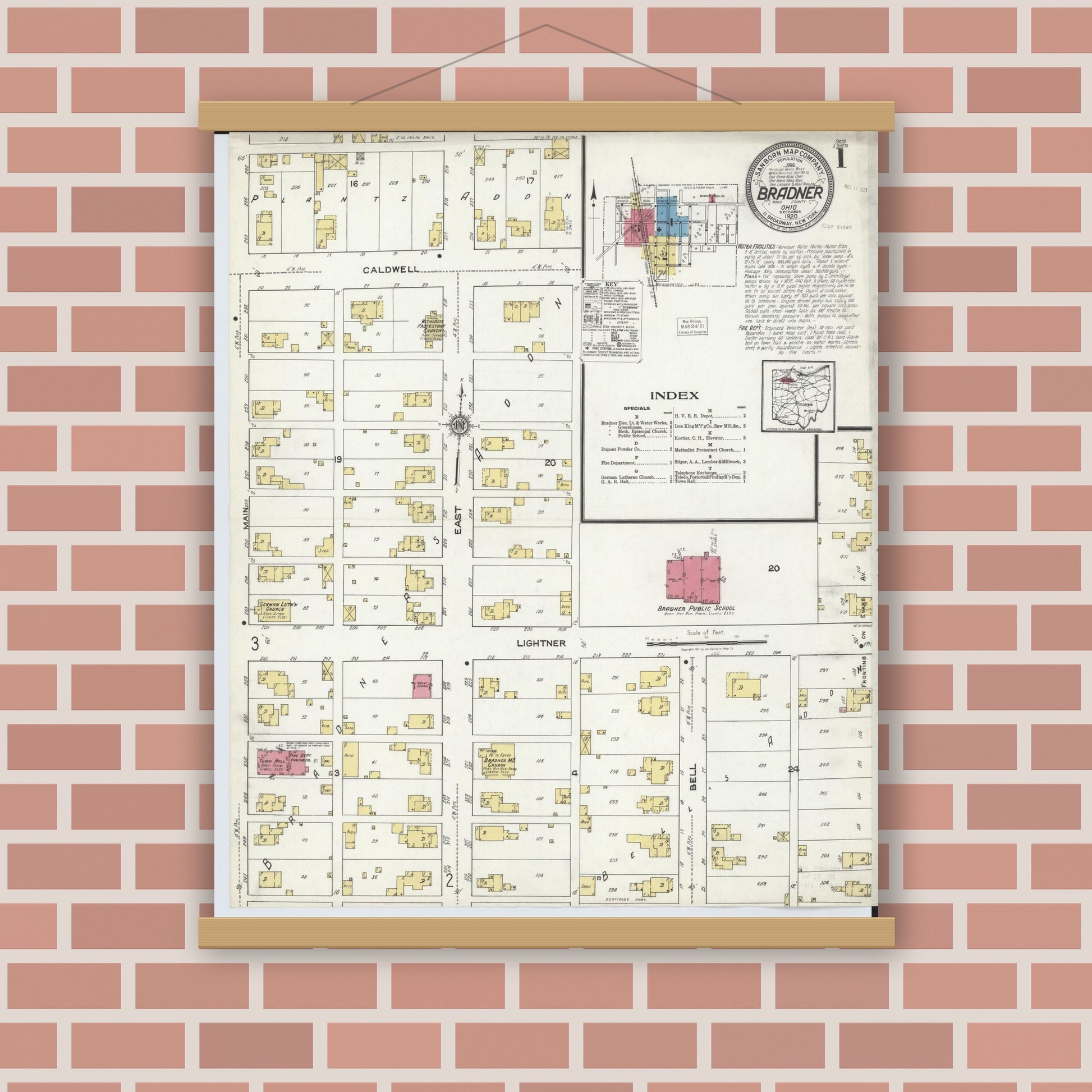 Old map wall art mockup — magnetic wood frame on brick wall — Sanborn Fire Insurance Map from Bradner, Wood County, Ohio (1920), Sheet #0001