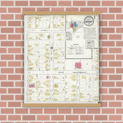 Old map wall art mockup — magnetic wood frame on brick wall — Sanborn Fire Insurance Map from Bradner, Wood County, Ohio (1920), Sheet #0001