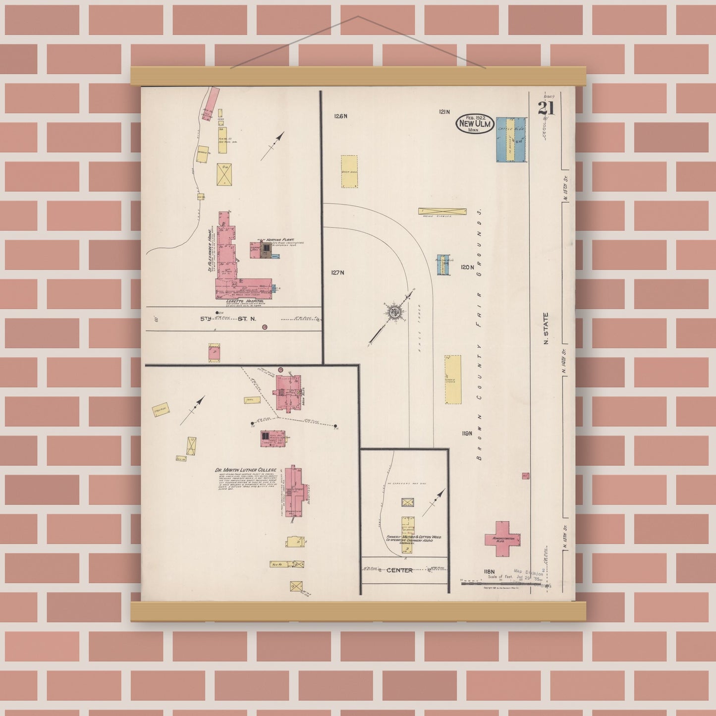 Old map wall art mockup — magnetic wood frame on brick wall — Sanborn Fire Insurance Map from New Ulm, Brown County, Minnesota (1922), Sheet #0021