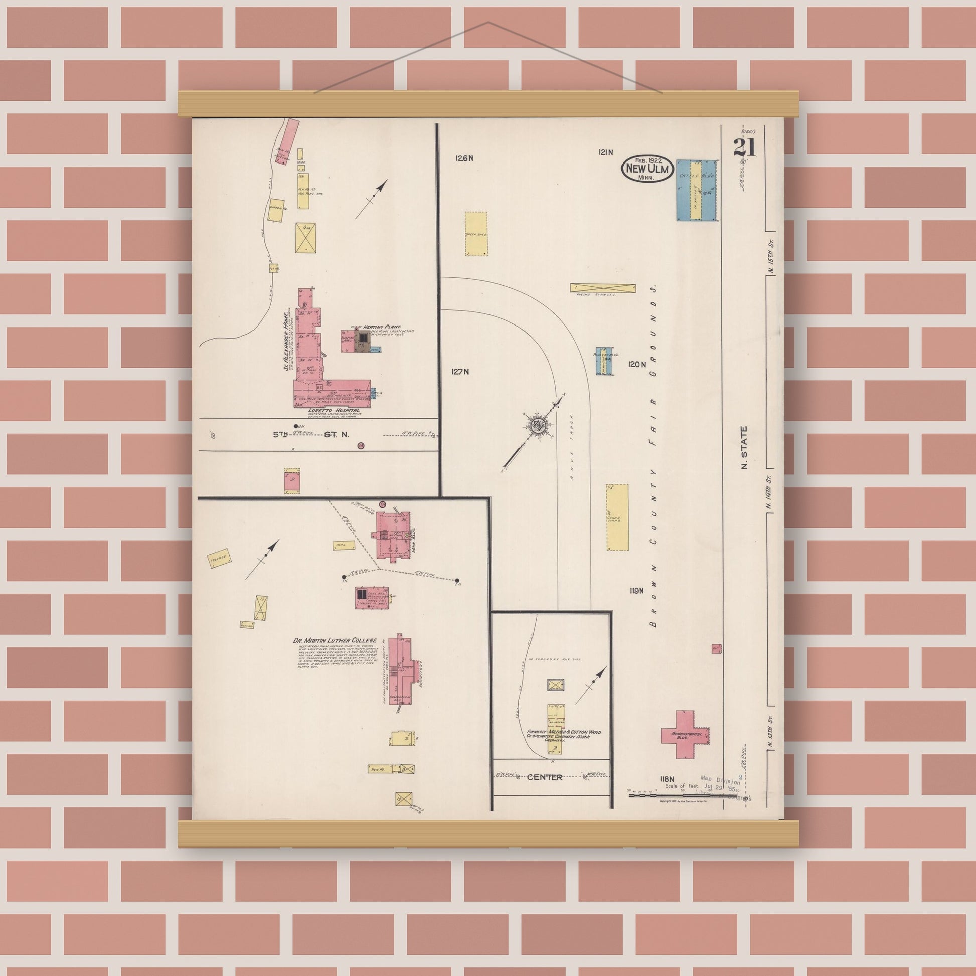 Old map wall art mockup — magnetic wood frame on brick wall — Sanborn Fire Insurance Map from New Ulm, Brown County, Minnesota (1922), Sheet #0021