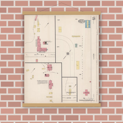 Old map wall art mockup — magnetic wood frame on brick wall — Sanborn Fire Insurance Map from New Ulm, Brown County, Minnesota (1922), Sheet #0021