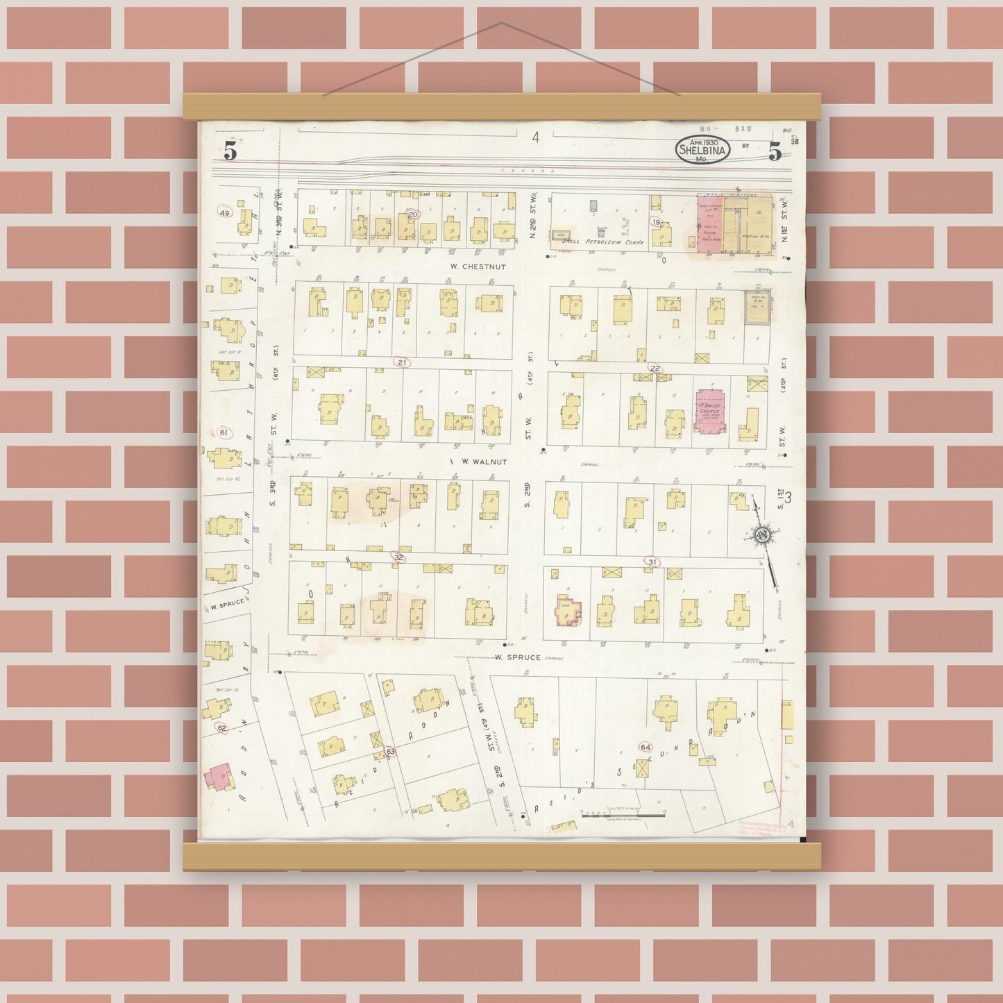 Old map wall art mockup — magnetic wood frame on brick wall — Sanborn Fire Insurance Map from Shelbina, Shelby County, Missouri (1943), Sheet #0005