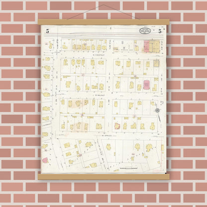 Old map wall art mockup — magnetic wood frame on brick wall — Sanborn Fire Insurance Map from Shelbina, Shelby County, Missouri (1943), Sheet #0005