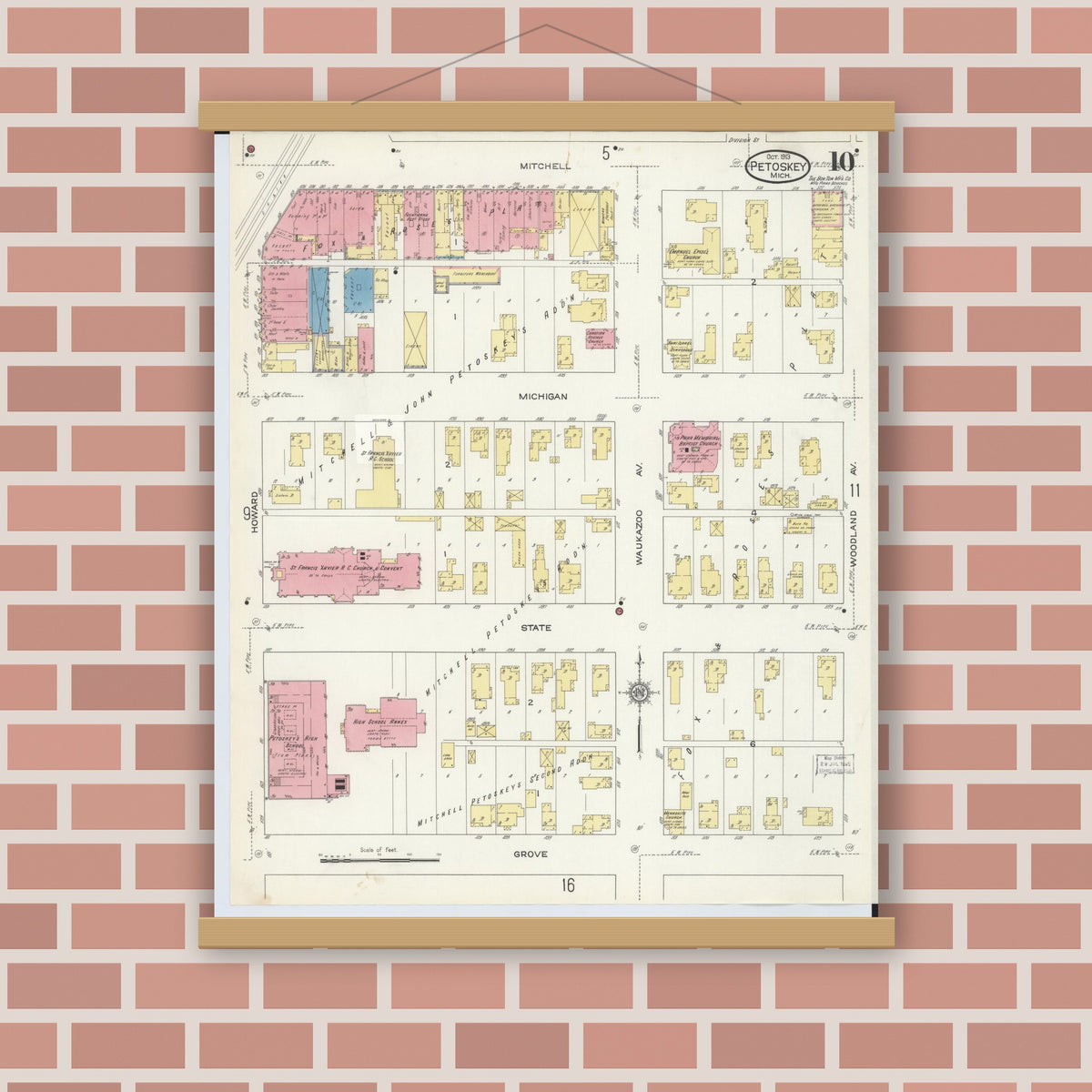 Old map wall art mockup — magnetic wood frame on brick wall — Sanborn Fire Insurance Map from Petoskey, Emmet County, Michigan (1913), Sheet #0010