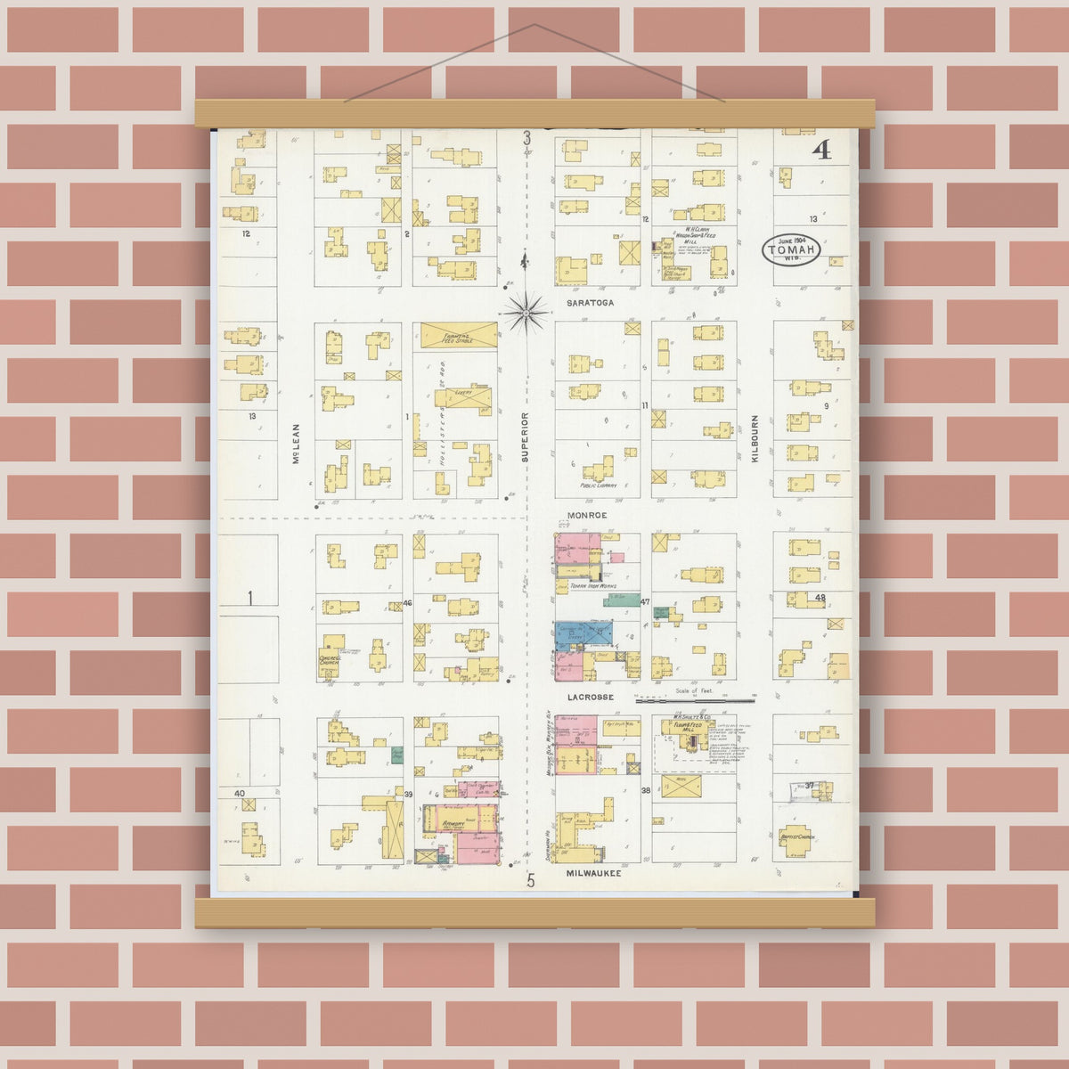 Old map wall art mockup — magnetic wood frame on brick wall — Sanborn Fire Insurance Map from Tomah, Monroe County, Wisconsin (1904), Sheet #0004
