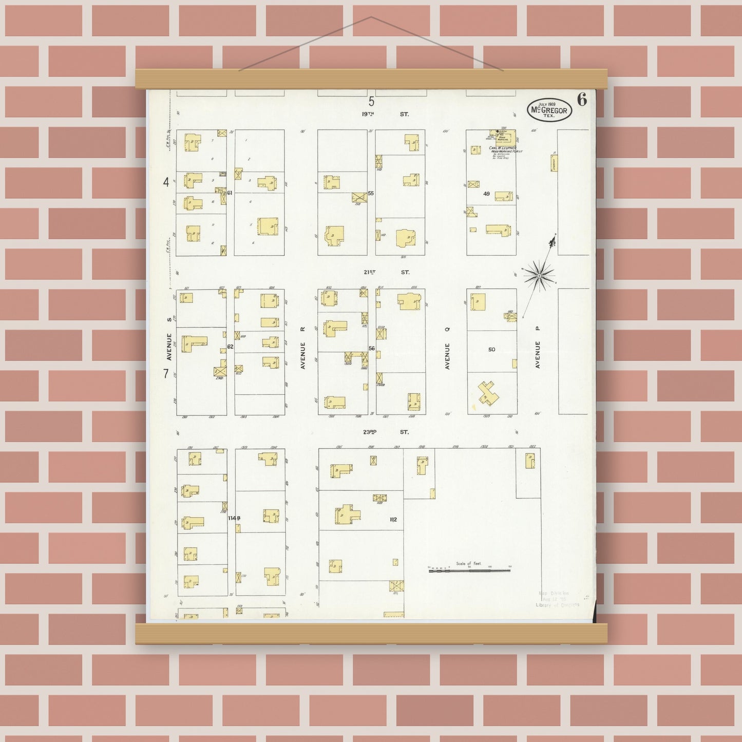 Old map wall art mockup — magnetic wood frame on brick wall — Sanborn Fire Insurance Map from McGregor, McLennan County, Texas (1909), Sheet #0006