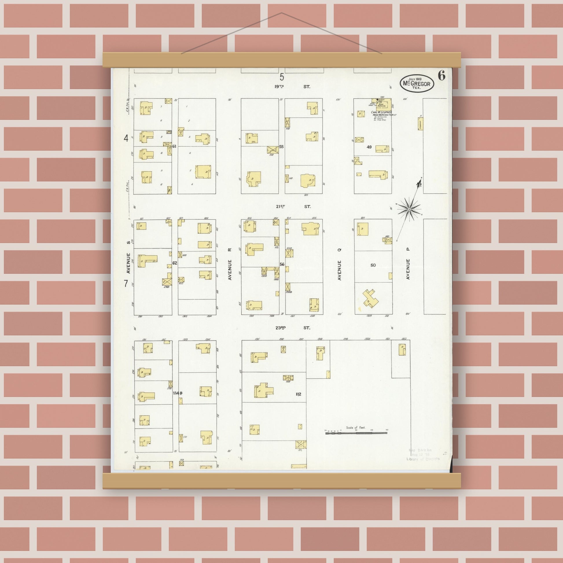 Old map wall art mockup — magnetic wood frame on brick wall — Sanborn Fire Insurance Map from McGregor, McLennan County, Texas (1909), Sheet #0006