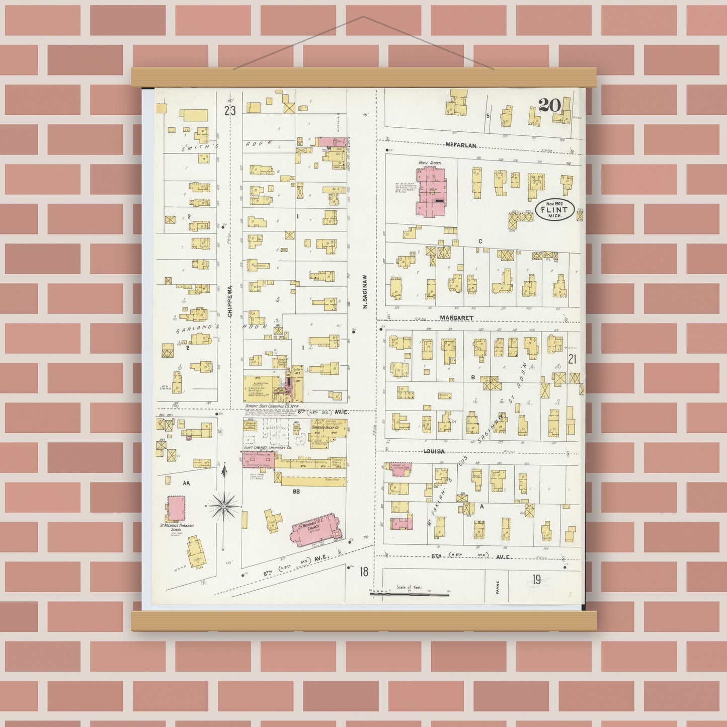 Old map wall art mockup — magnetic wood frame on brick wall — Sanborn Fire Insurance Map from Flint, Genesee County, Michigan (1902), Sheet #0020