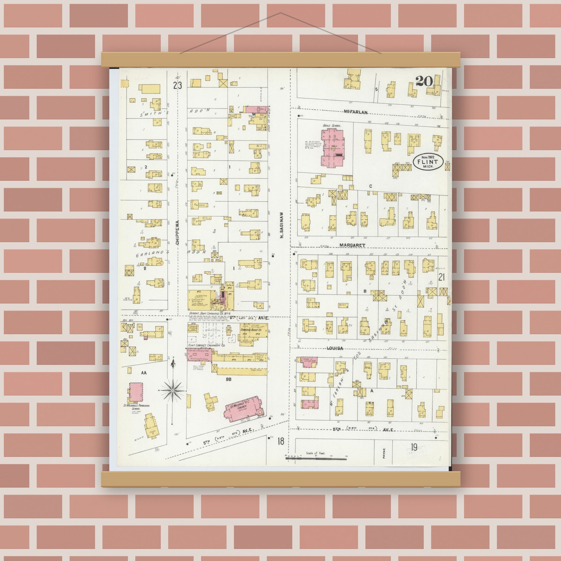 Old map wall art mockup — magnetic wood frame on brick wall — Sanborn Fire Insurance Map from Flint, Genesee County, Michigan (1902), Sheet #0020