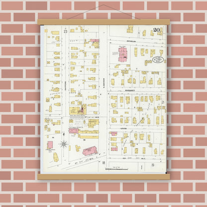 Old map wall art mockup — magnetic wood frame on brick wall — Sanborn Fire Insurance Map from Flint, Genesee County, Michigan (1902), Sheet #0020