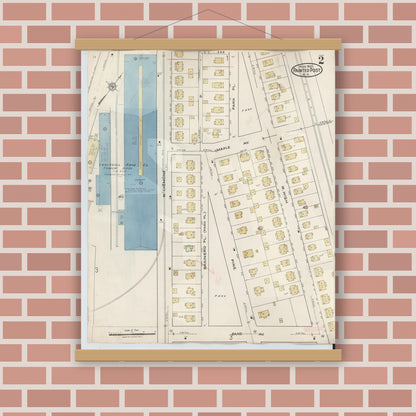 Old map wall art mockup — magnetic wood frame on brick wall — Sanborn Fire Insurance Map from Painted Post, Steuben County, New York (1943), Sheet #0002