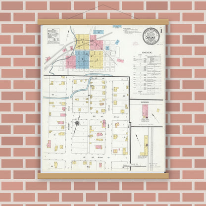 Old map wall art mockup — magnetic wood frame on brick wall — Sanborn Fire Insurance Map from Chaska, Carver County, Minnesota (1911) - Complete Map Set