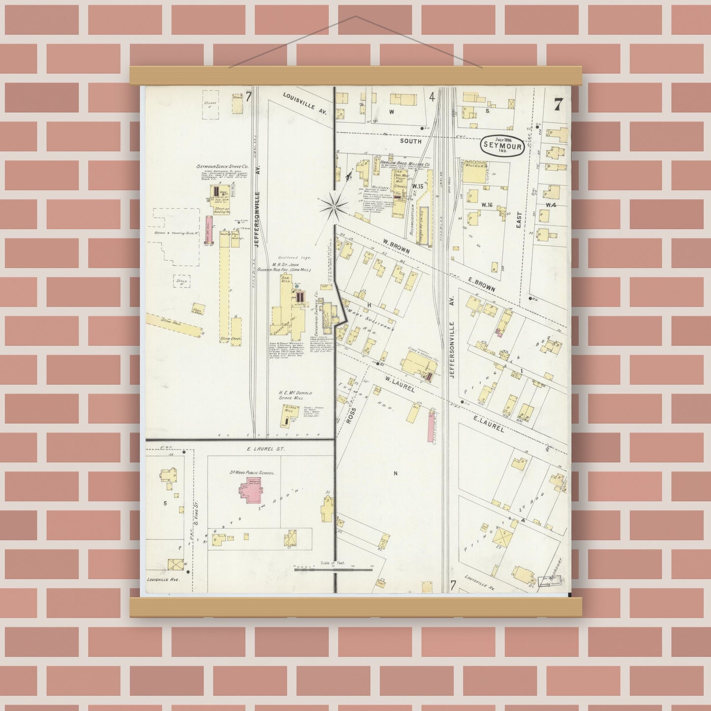 Old map wall art mockup — magnetic wood frame on brick wall — Sanborn Fire Insurance Map from Seymour, Jackson County, Indiana (1896), Sheet #0007