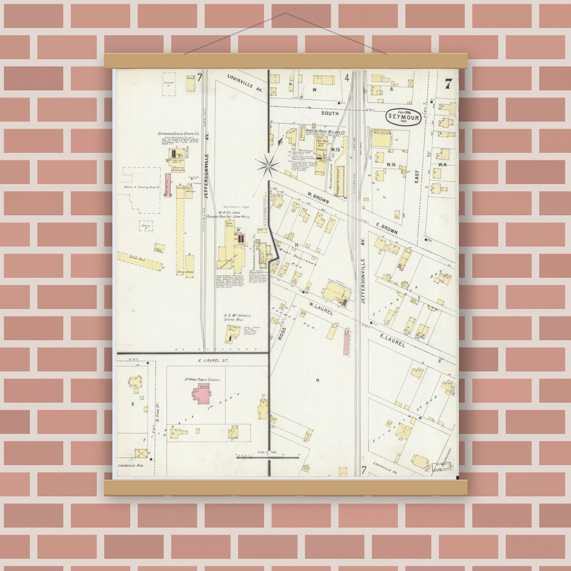 Old map wall art mockup — magnetic wood frame on brick wall — Sanborn Fire Insurance Map from Seymour, Jackson County, Indiana (1896), Sheet #0007