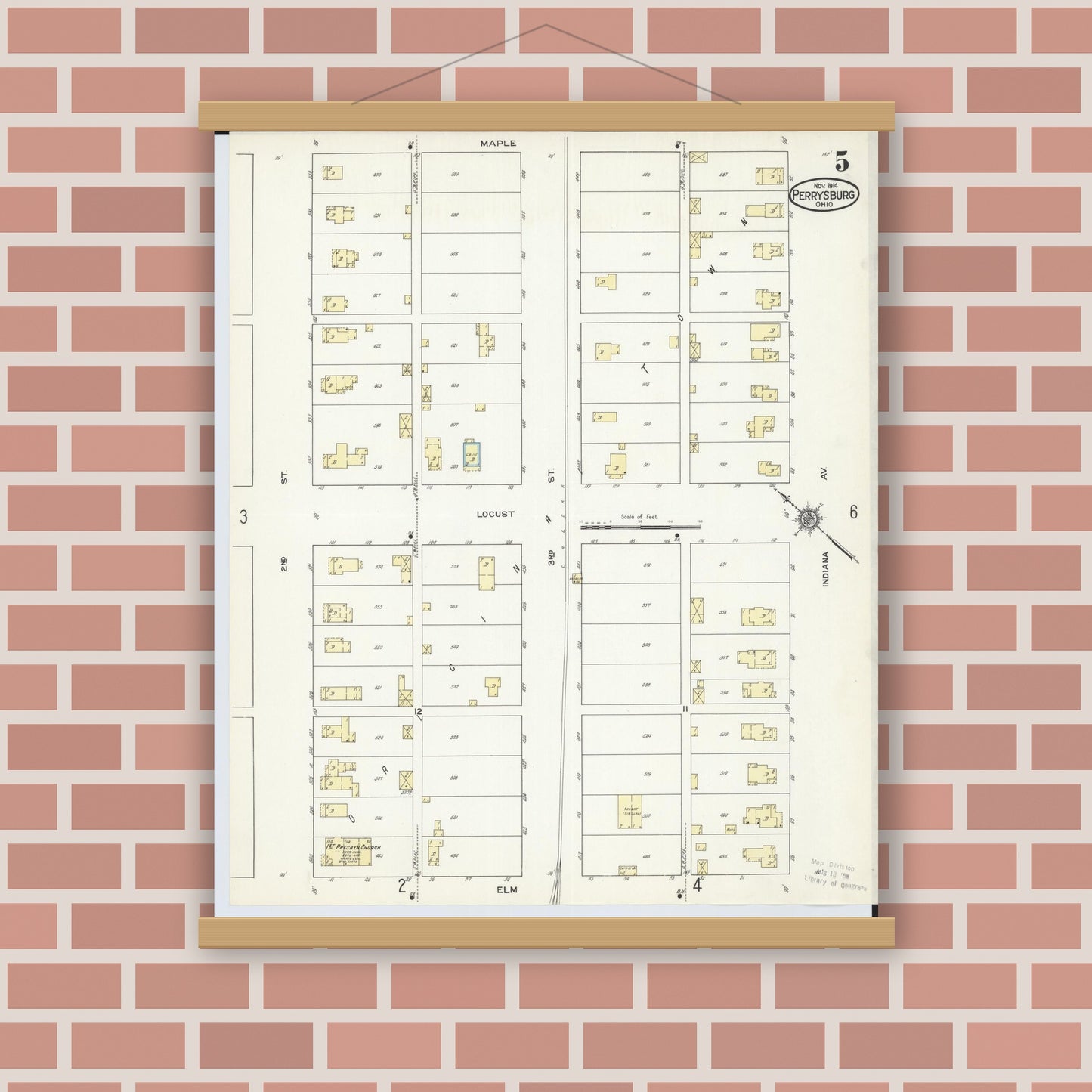 Old map wall art mockup — magnetic wood frame on brick wall — Sanborn Fire Insurance Map from Perrysburg, Wood County, Ohio (1914), Sheet #0005