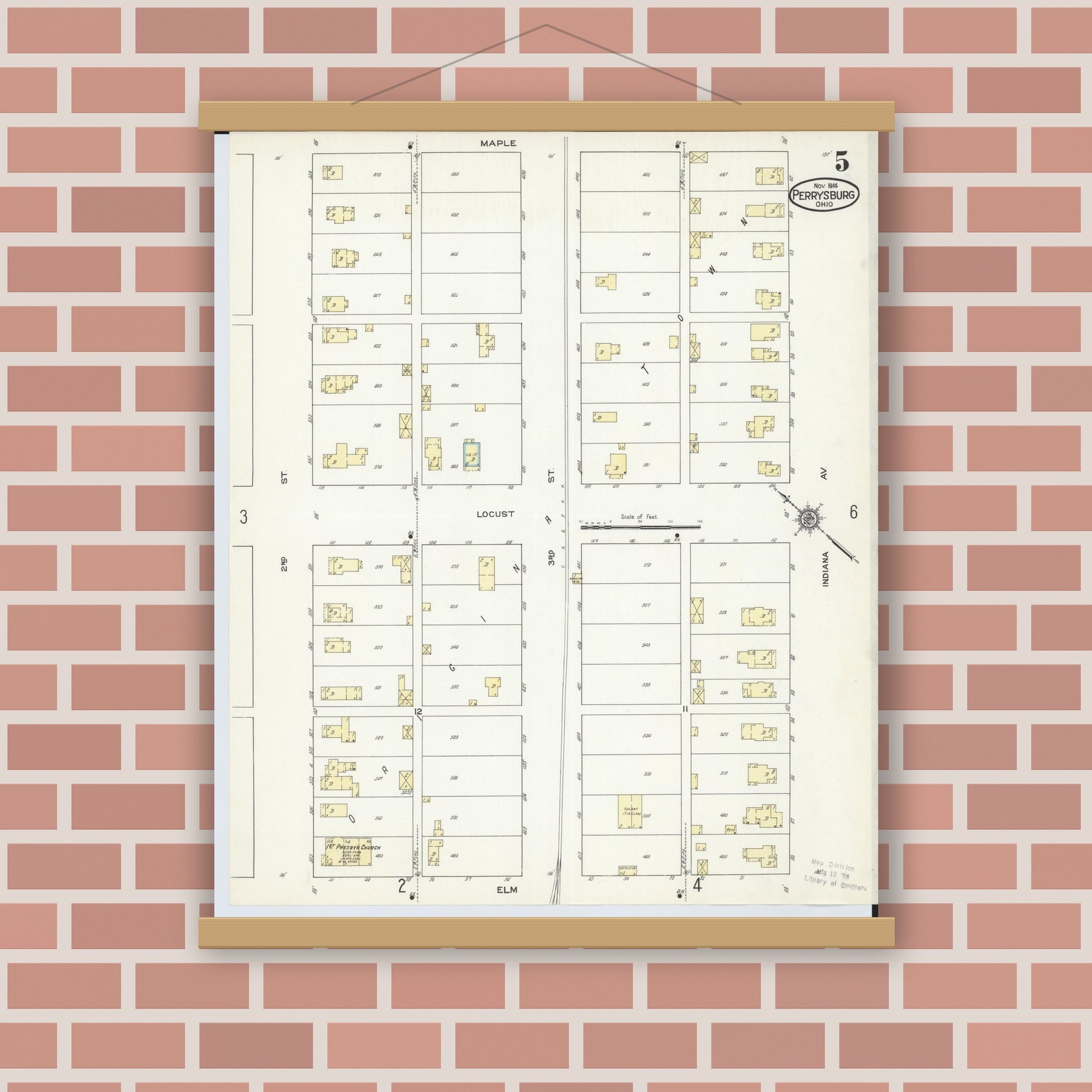Old map wall art mockup — magnetic wood frame on brick wall — Sanborn Fire Insurance Map from Perrysburg, Wood County, Ohio (1914), Sheet #0005