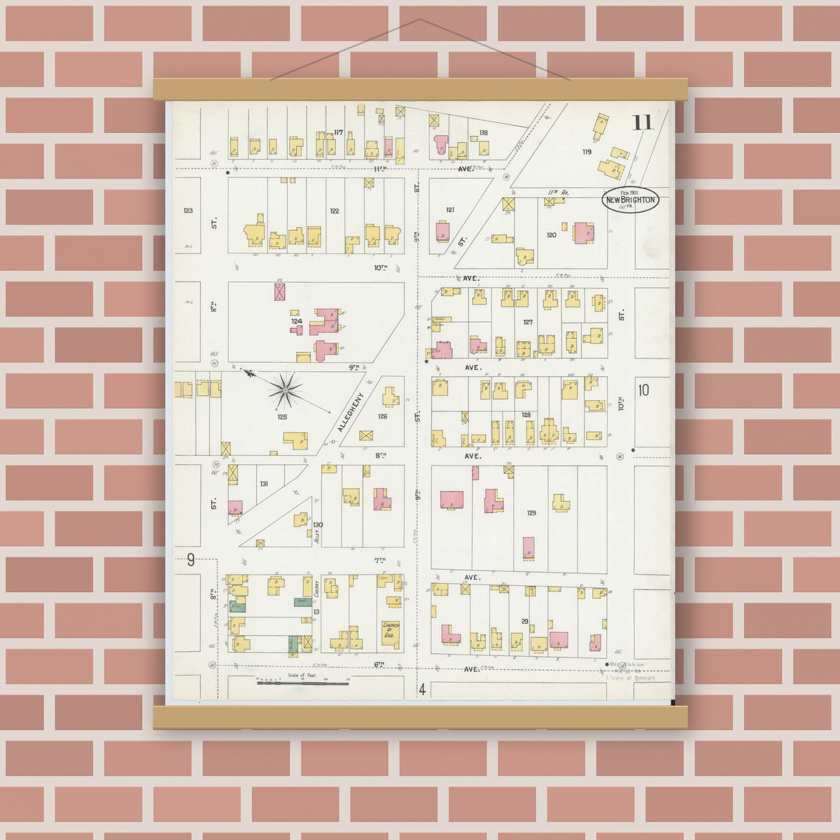 Old map wall art mockup — magnetic wood frame on brick wall — Sanborn Fire Insurance Map from New Brighton, Beaver County, Pennsylvania (1901), Sheet #0011