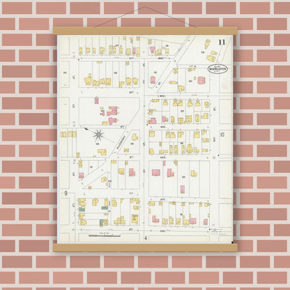 Old map wall art mockup — magnetic wood frame on brick wall — Sanborn Fire Insurance Map from New Brighton, Beaver County, Pennsylvania (1901), Sheet #0011