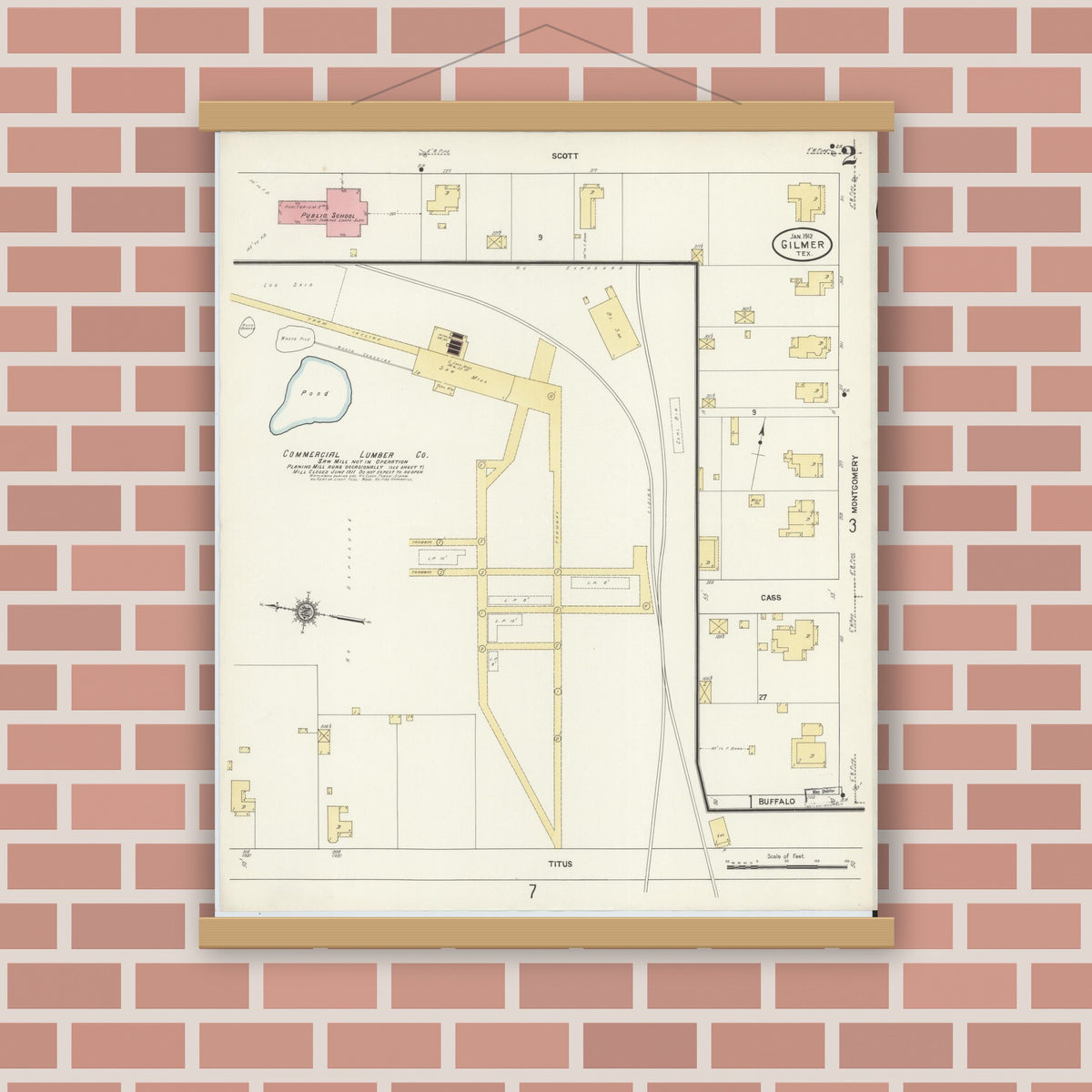 Old map wall art mockup — magnetic wood frame on brick wall — Sanborn Fire Insurance Map from Gilmer, Upshur County, Texas (1912), Sheet #0002