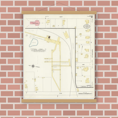 Old map wall art mockup — magnetic wood frame on brick wall — Sanborn Fire Insurance Map from Gilmer, Upshur County, Texas (1912), Sheet #0002