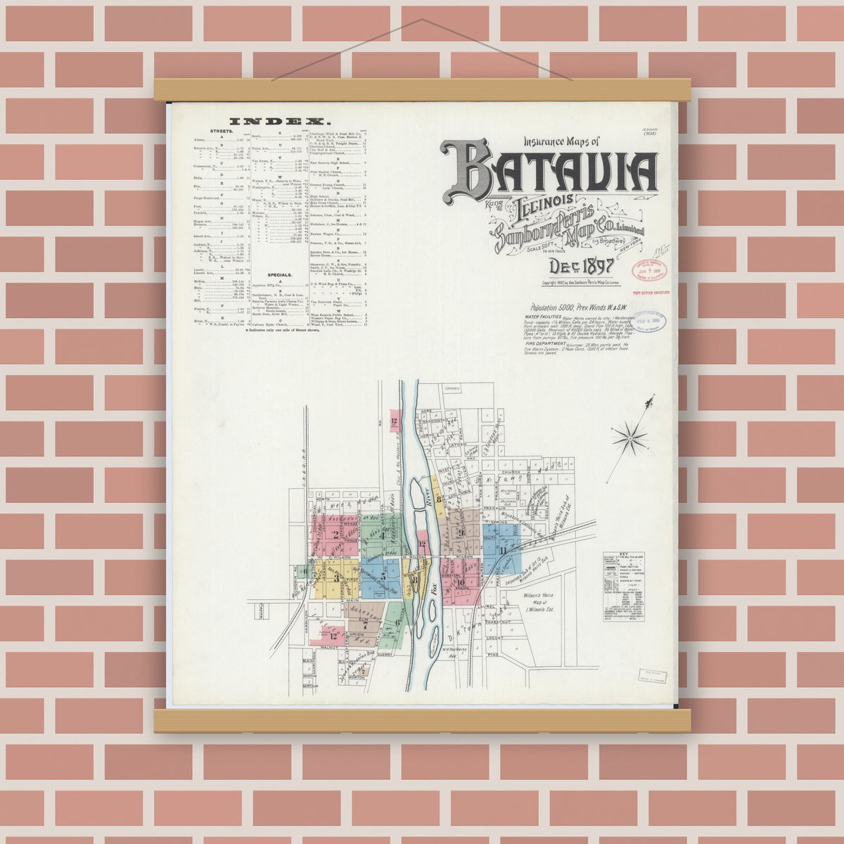 Old map wall art mockup — magnetic wood frame on brick wall — Sanborn Fire Insurance Map from Batavia, Kane County, Illinois (1897), Sheet #0001