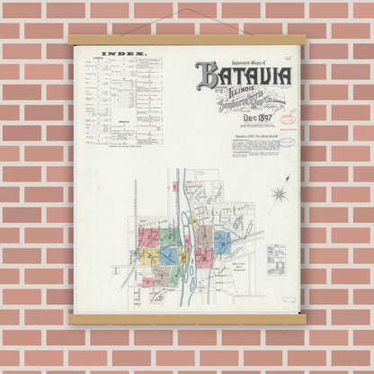 Old map wall art mockup — magnetic wood frame on brick wall — Sanborn Fire Insurance Map from Batavia, Kane County, Illinois (1897), Sheet #0001