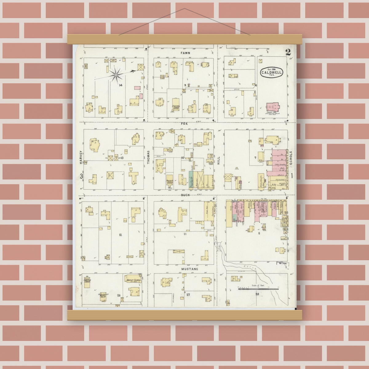 Old map wall art mockup — magnetic wood frame on brick wall — Sanborn Fire Insurance Map from Caldwell, Burleson County, Texas (1896), Sheet #0002