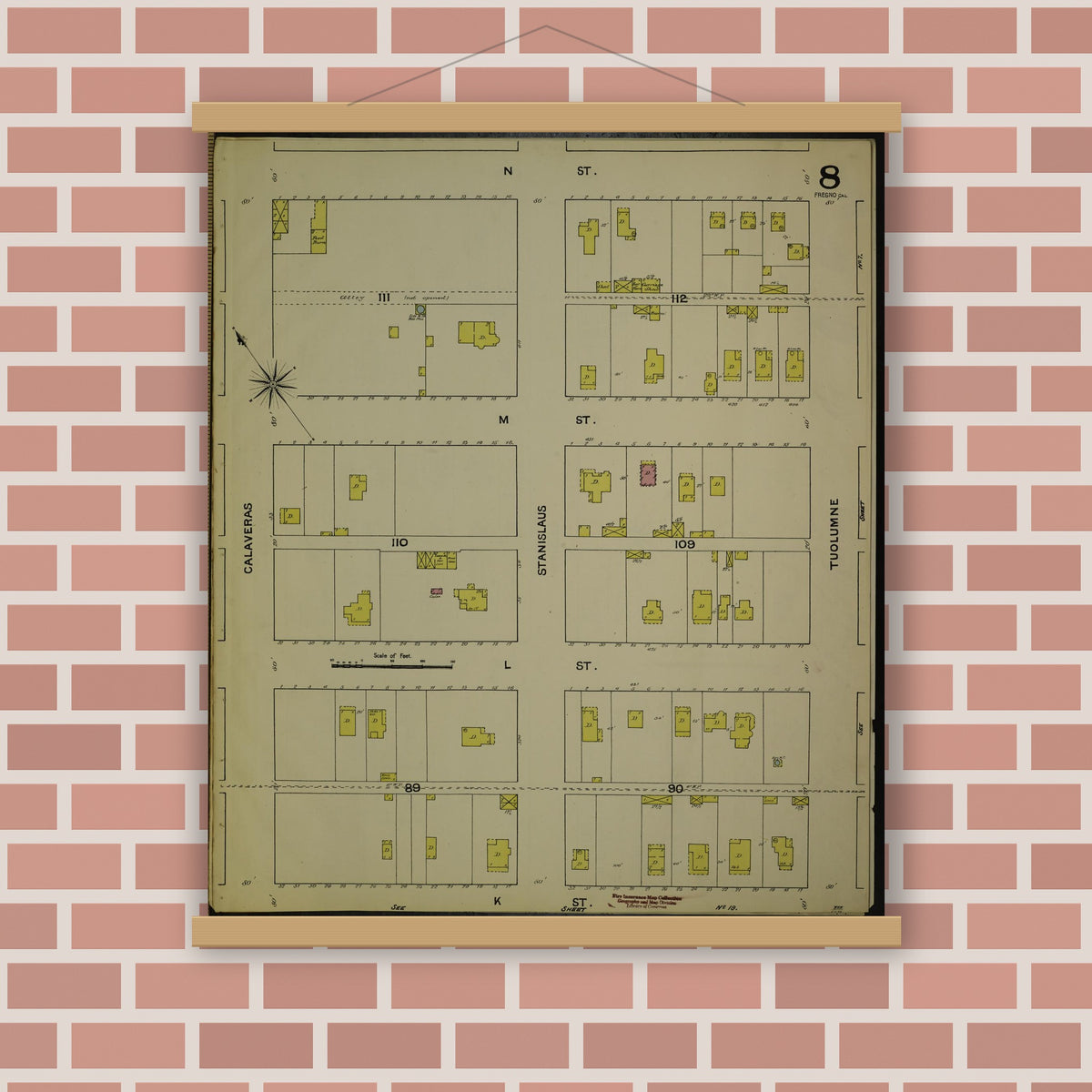 Old map wall art mockup — magnetic wood frame on brick wall — Sanborn Fire Insurance Map from Fresno, Fresno County, California (1888), Sheet #0008