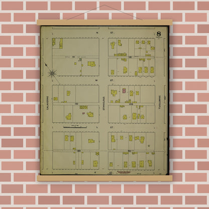 Old map wall art mockup — magnetic wood frame on brick wall — Sanborn Fire Insurance Map from Fresno, Fresno County, California (1888), Sheet #0008
