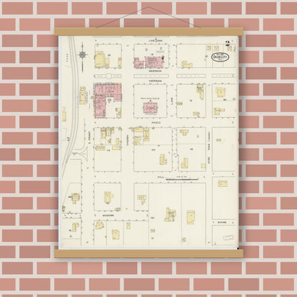 Old map wall art mockup — magnetic wood frame on brick wall — Sanborn Fire Insurance Map from Dade City, Pasco County, Florida (1914), Sheet #0002