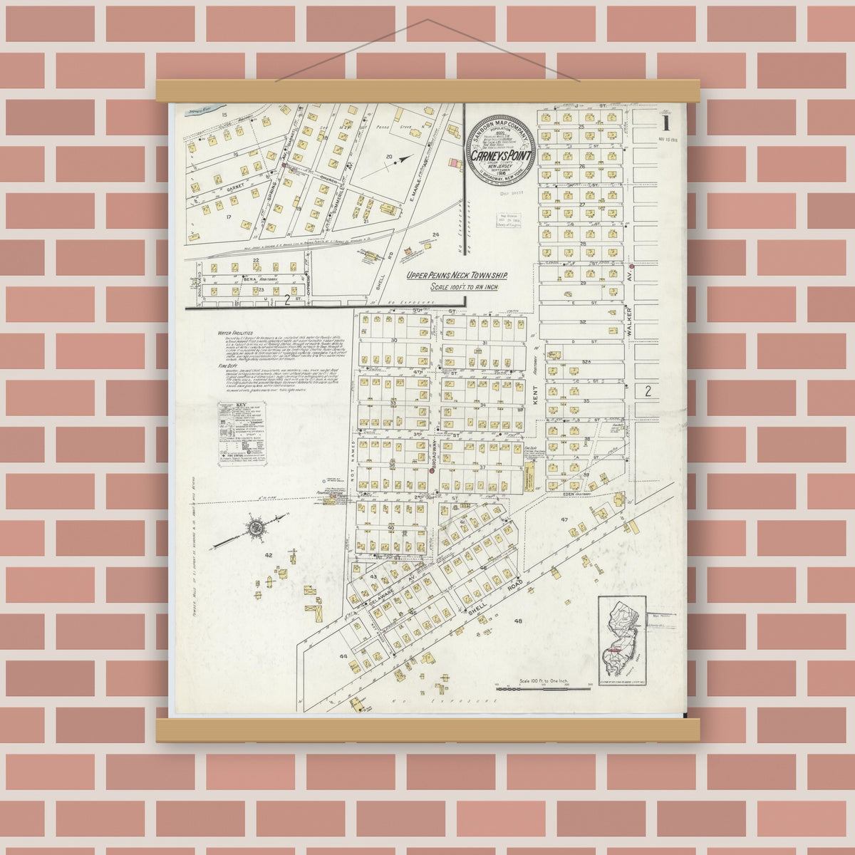 Old map wall art mockup — magnetic wood frame on brick wall — Sanborn Fire Insurance Map from Carneys Point, Salem County, New Jersey (1916) - Complete Map Set