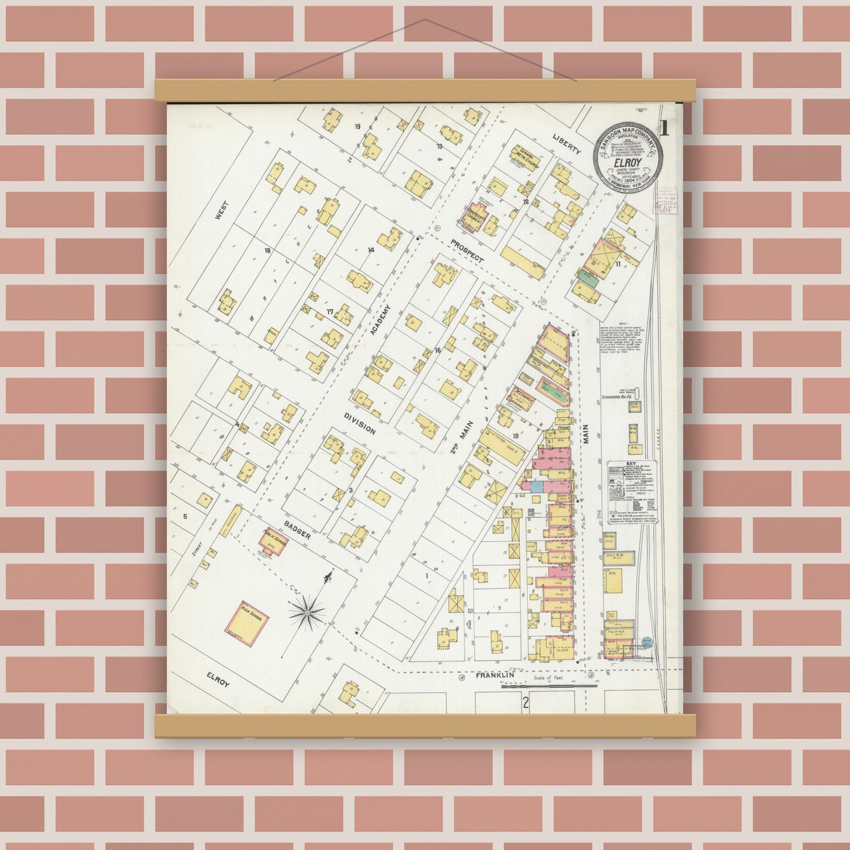 Old map wall art mockup — magnetic wood frame on brick wall — Sanborn Fire Insurance Map from Elroy, Juneau County, Wisconsin (1904) - Complete Map Set