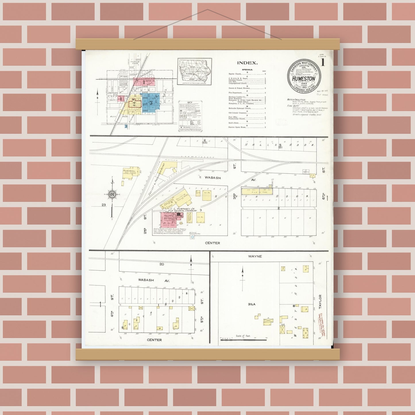 Old map wall art mockup — magnetic wood frame on brick wall — Sanborn Fire Insurance Map from Humeston, Wayne County, Iowa (1913), Sheet #0001