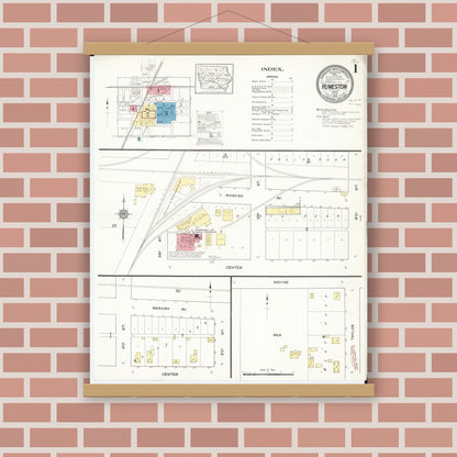 Old map wall art mockup — magnetic wood frame on brick wall — Sanborn Fire Insurance Map from Humeston, Wayne County, Iowa (1913), Sheet #0001