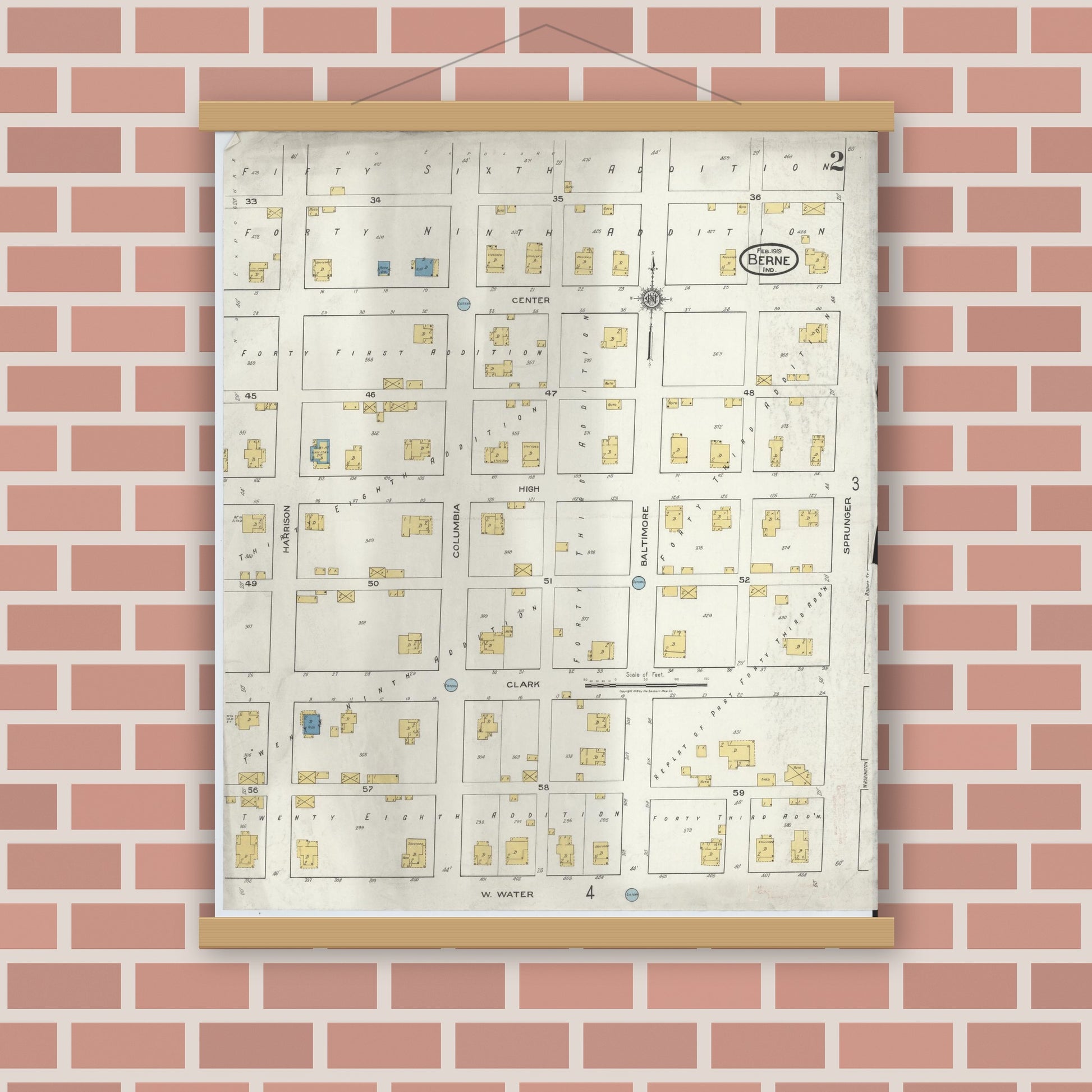 Old map wall art mockup — magnetic wood frame on brick wall — Sanborn Fire Insurance Map from Berne, Adams County, Indiana (1919), Sheet #0002
